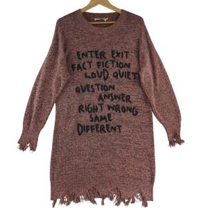 b+ab Women's S Graphic Sweater Dress Distressed Fringe Marled Knit Oversized